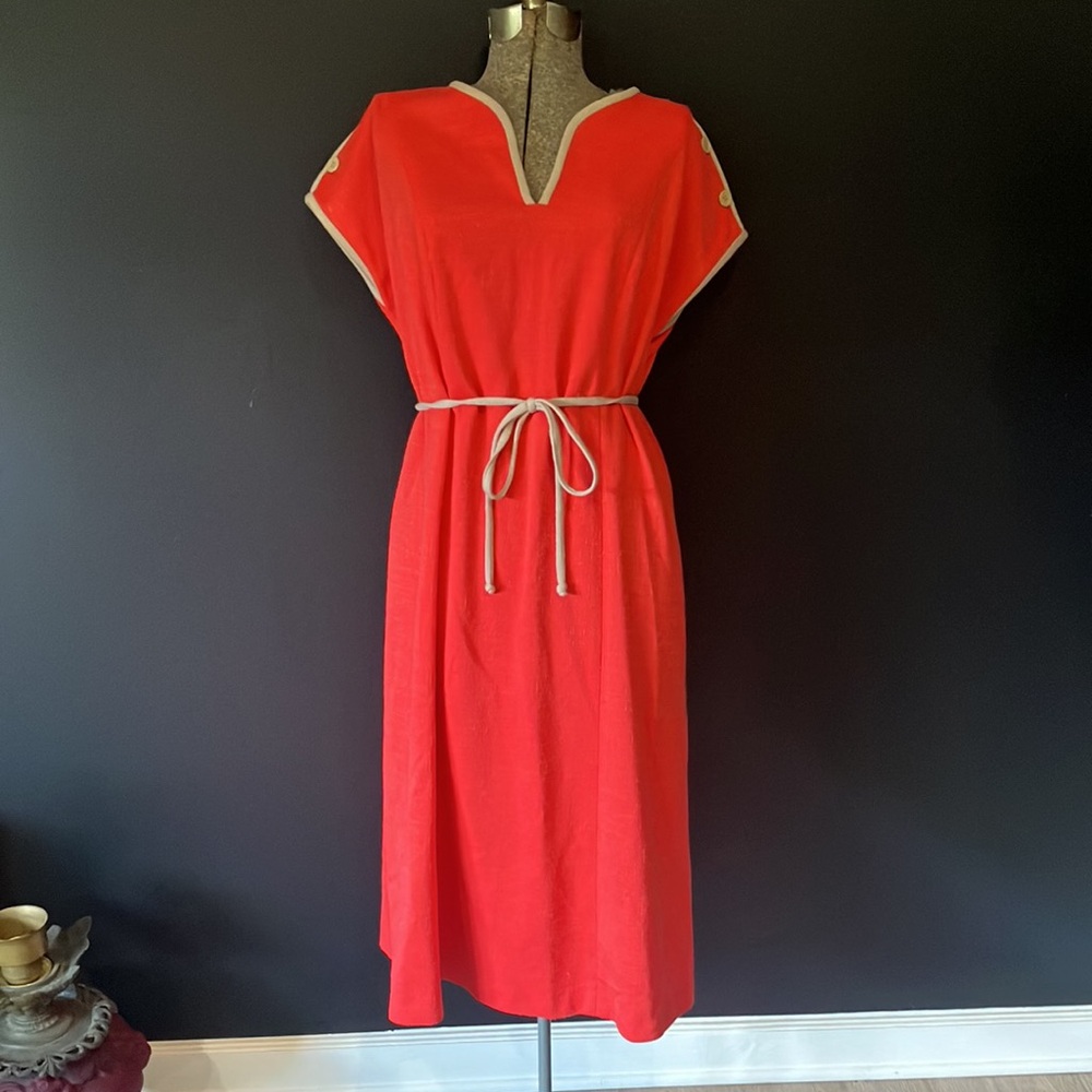 Vintage 1960s-70s Puritan Forever Young Red Dress with Tan Accents & Belt
